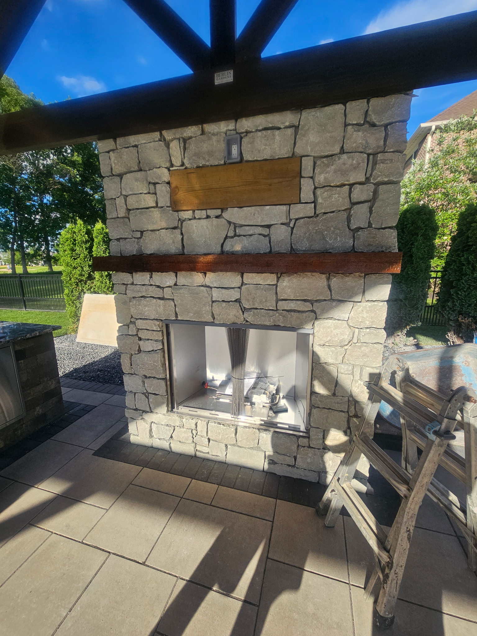 Stone outdoor fireplace