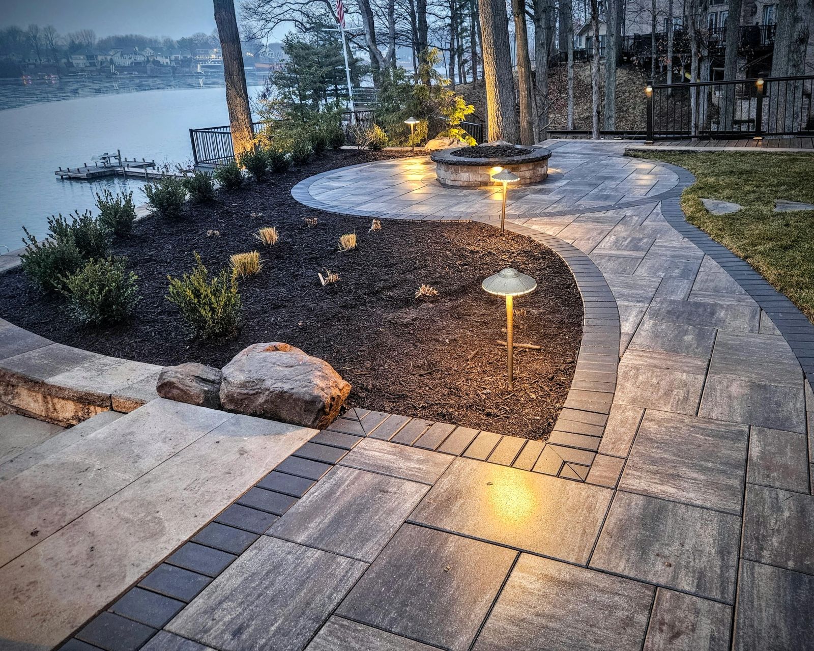 Lakeside patio at dusk on Morse Reservoir
