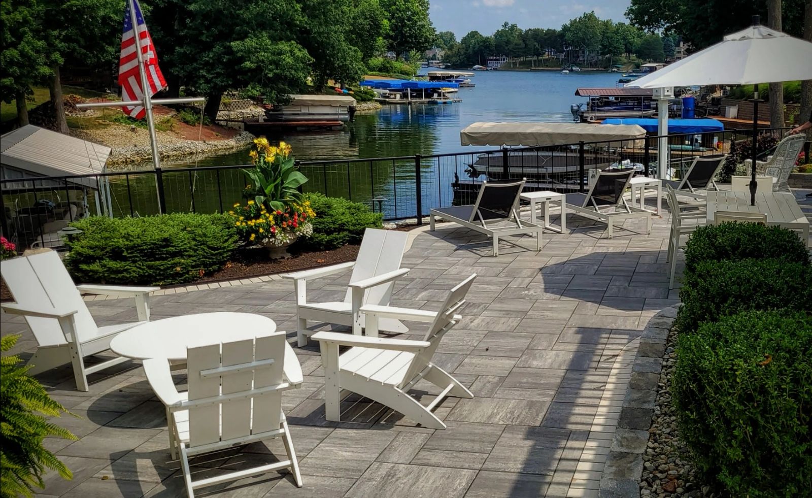 Waterfront seating area with dock views